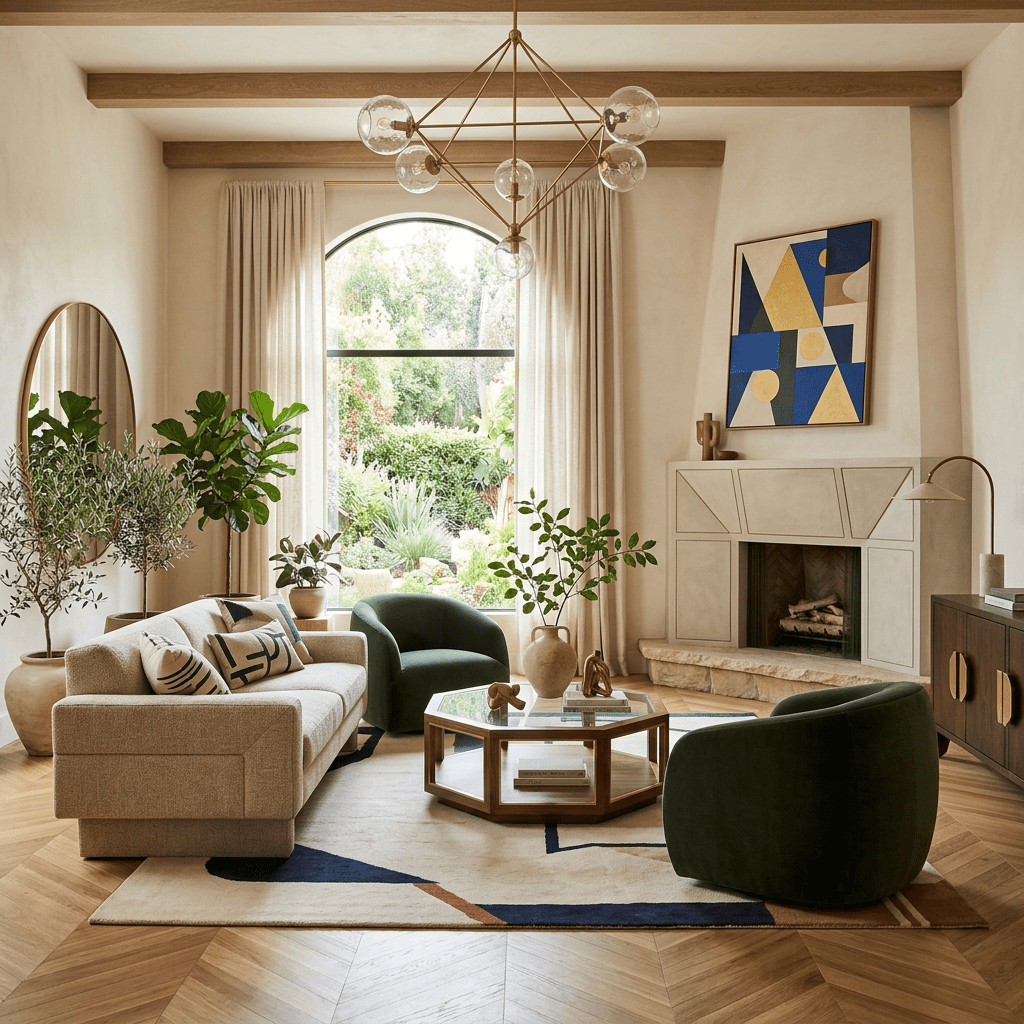Modern living room with beige sofa, green armchairs, geometric rug, and large window overlooking garden