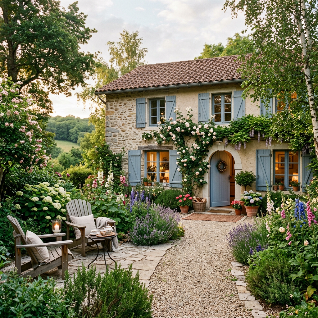 Stone cottage with blue shutters and lush garden featuring flowers, shrubs, and two wooden chairs with cushions and tea set