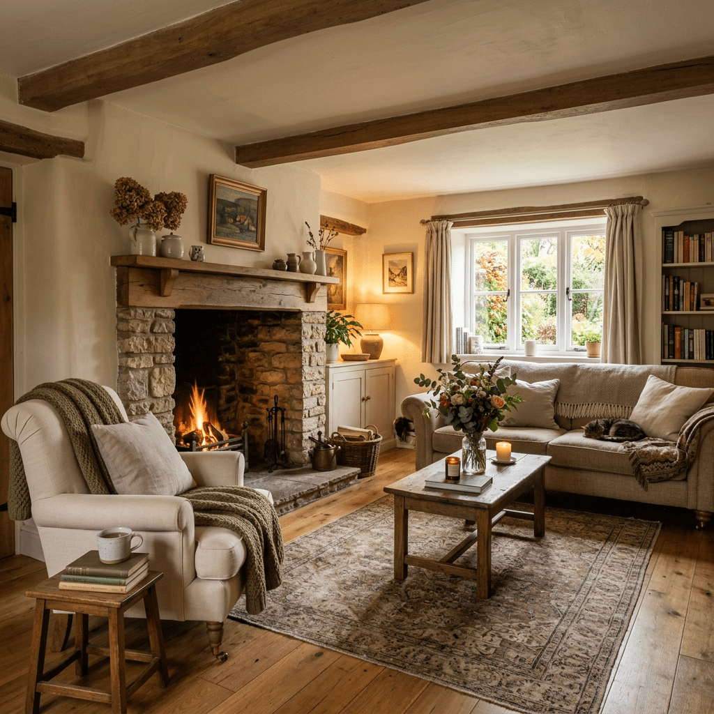 Rustic living room with stone fireplace, beige armchair, sofa with sleeping cat, wooden coffee table with flowers and candles, and window with garden view