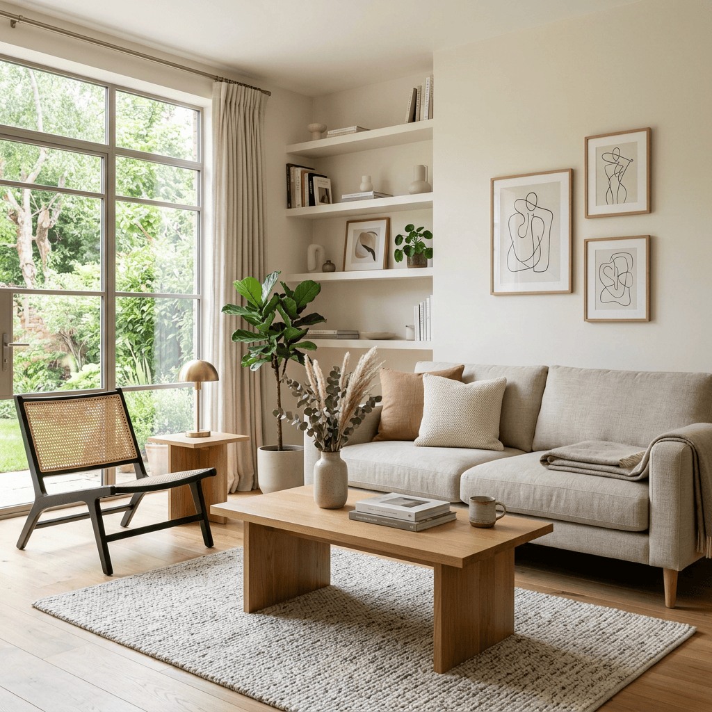 Neutral living room with sofa, coffee table, plants, and large windows