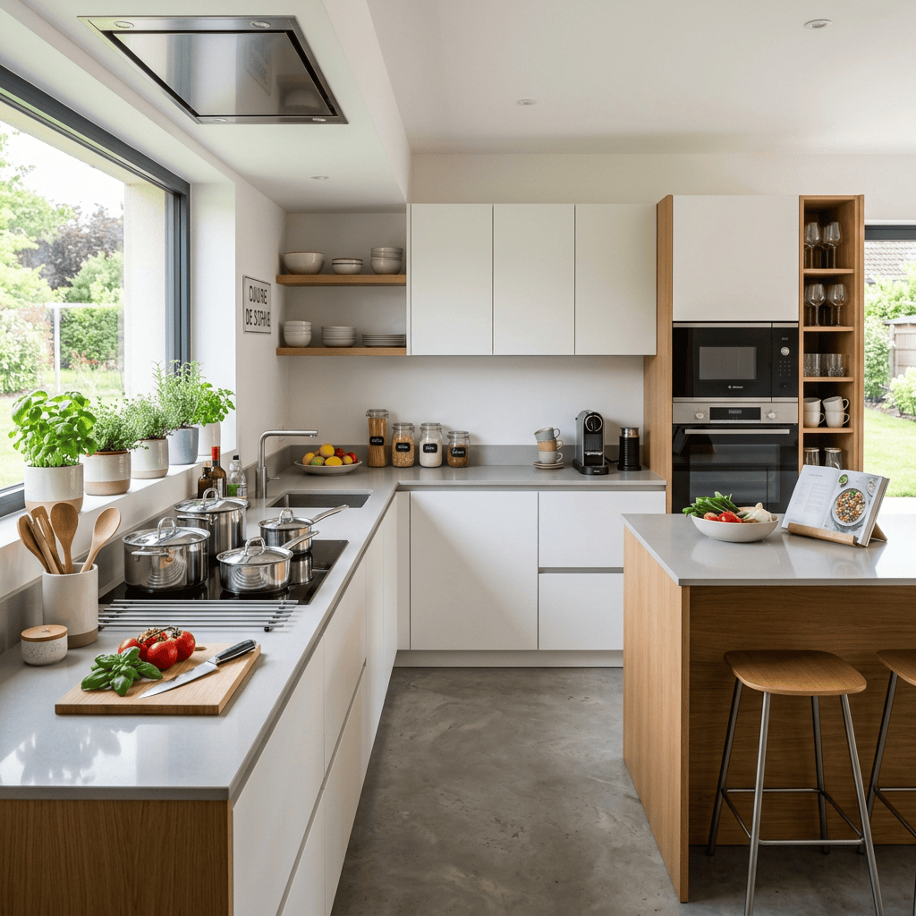 Modern white kitchen with island, cookware, plants, and garden views